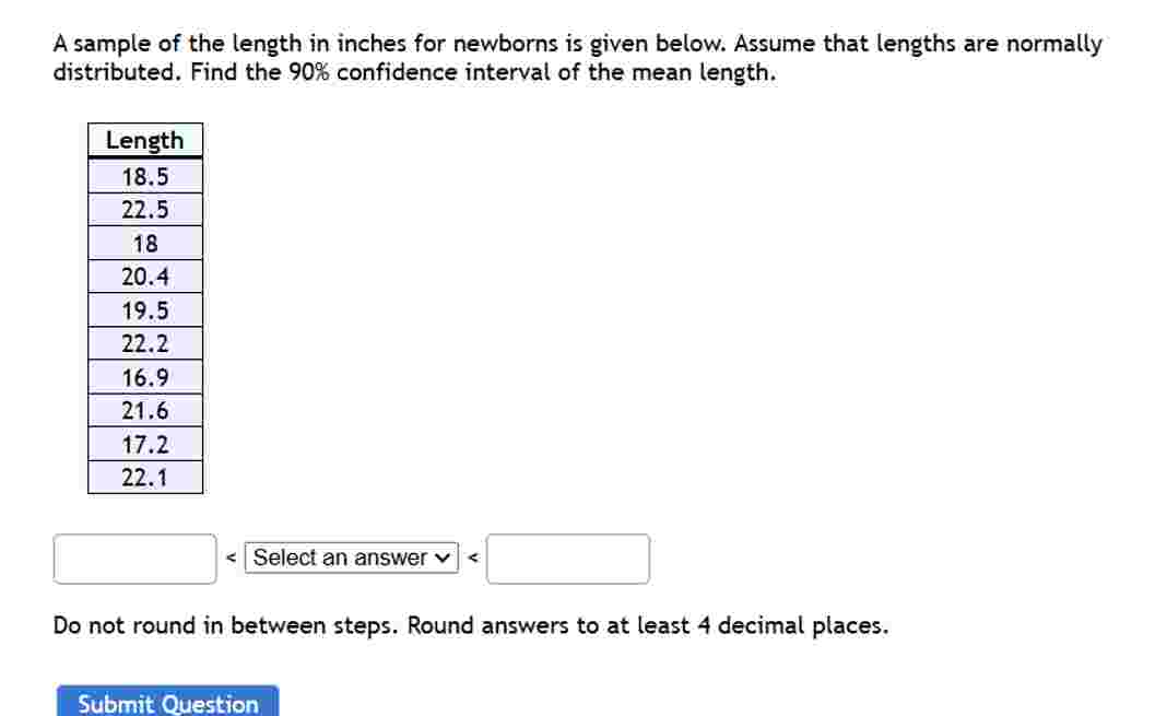 A sample of the length in inches for newborns is