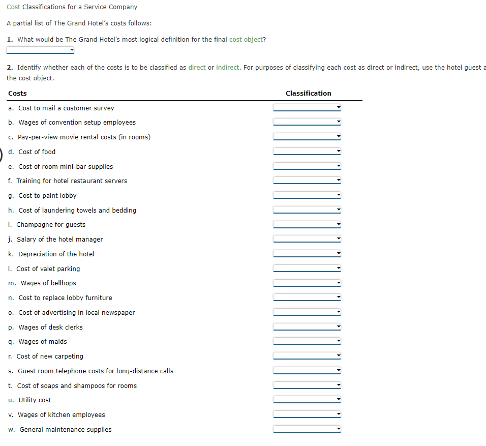Solved Cost Classifications for a Service Company A partial | Chegg.com