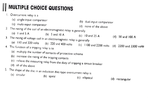 Solved || MULTIPLE CHOICE QUESTIONS 1. Overcurrent relay is | Chegg.com