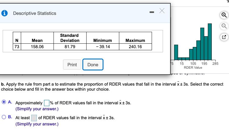 Solved i Descriptive Statistics X Х N 73 Mean 158.06 | Chegg.com