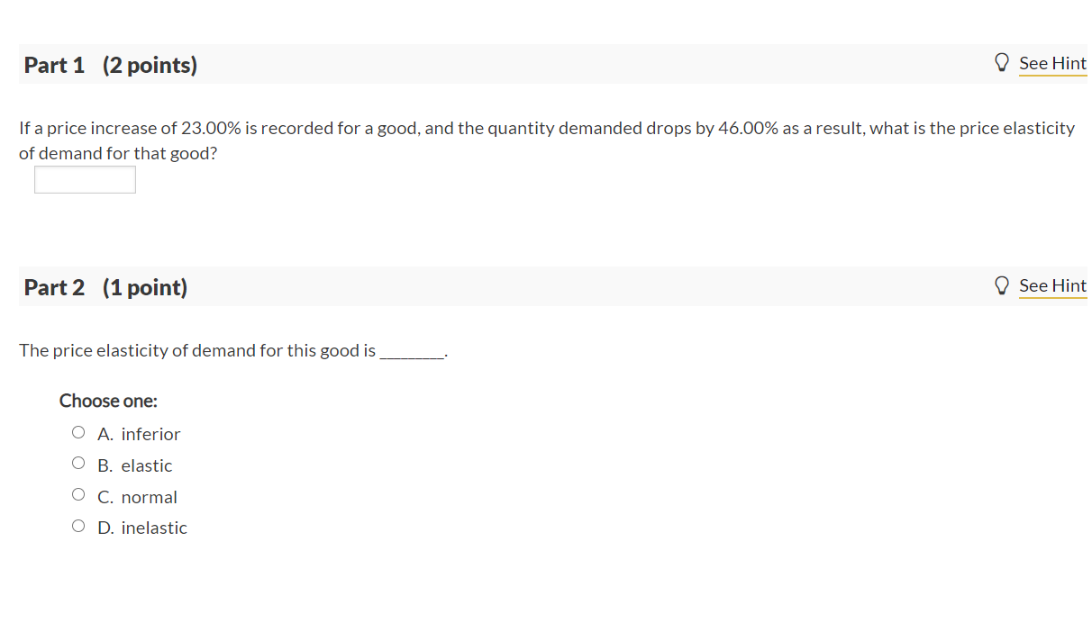 Solved Part 1 (2 points) See Hint If a price increase of | Chegg.com