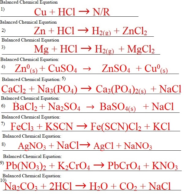 Solved Balanced Chemical Equation 1) Cu + HCl → NR Balanced | Chegg.com
