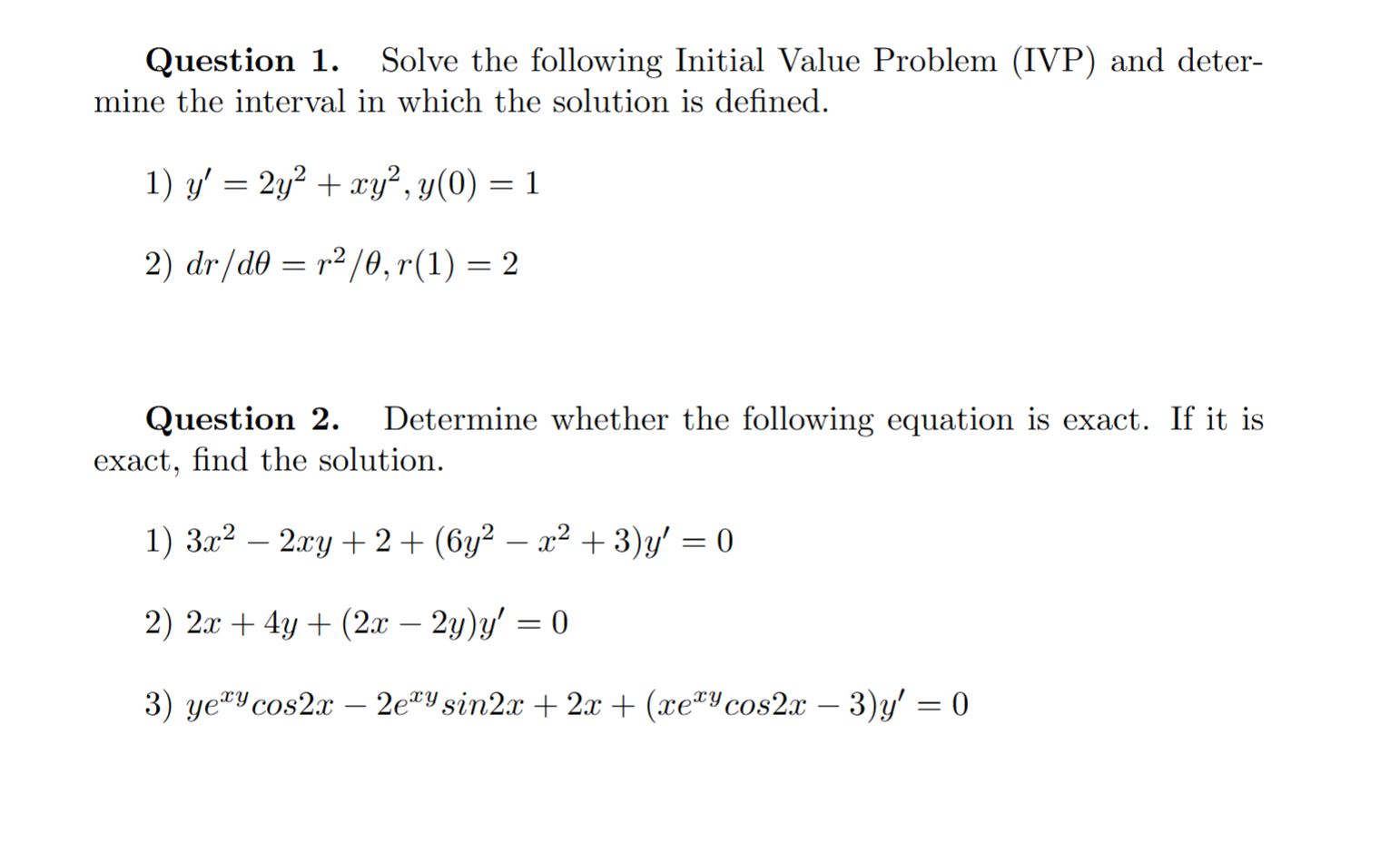 Solved Question 1. ﻿Solve the following Initial Value | Chegg.com