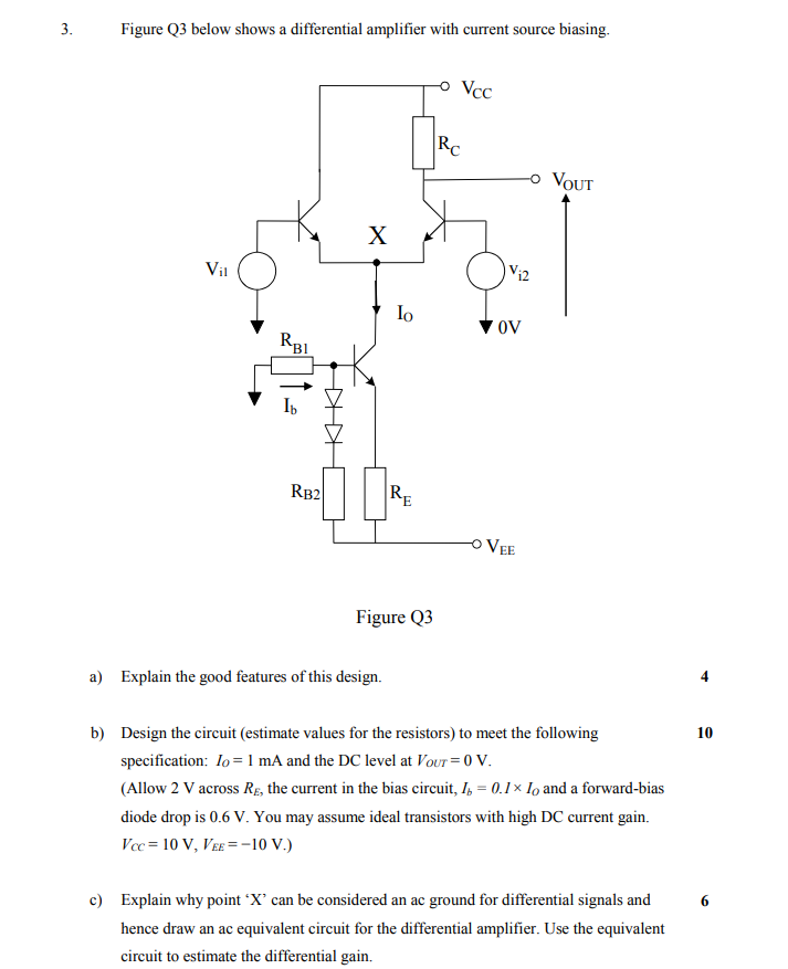 Solved 3. Fiure Q3 below shows a differential amplifier with | Chegg.com