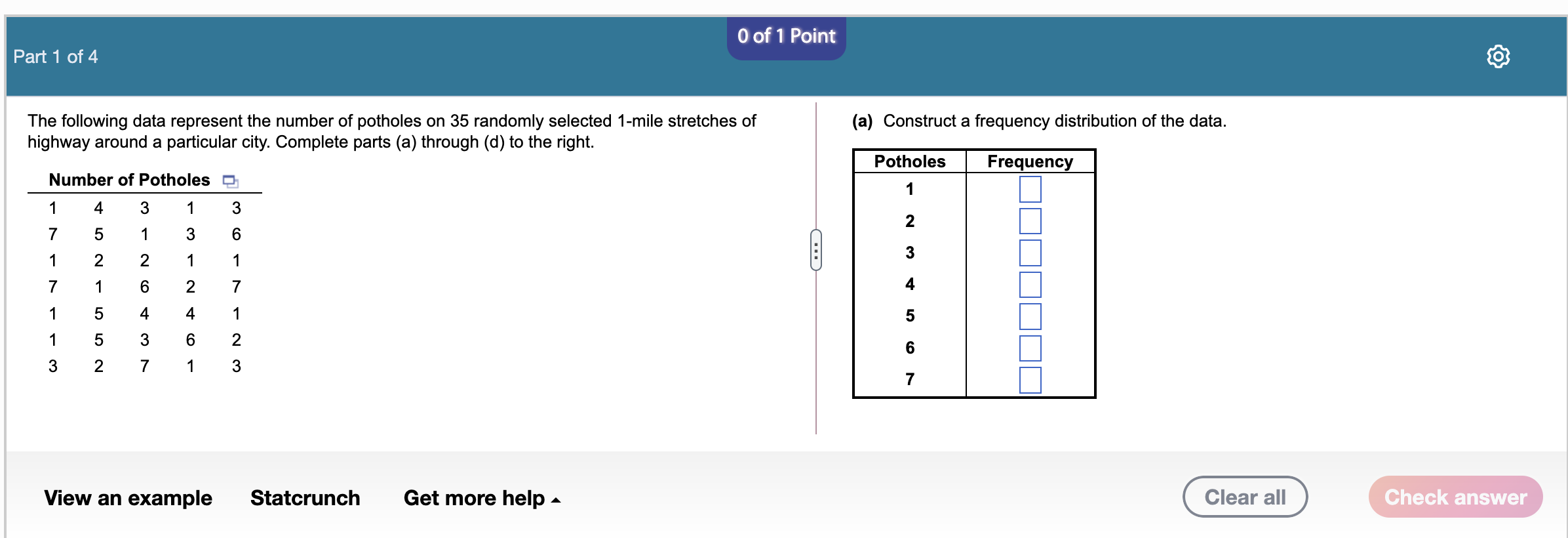 Solved 0 of 1 Point Part 1 of 4 (a) Construct a frequency | Chegg.com