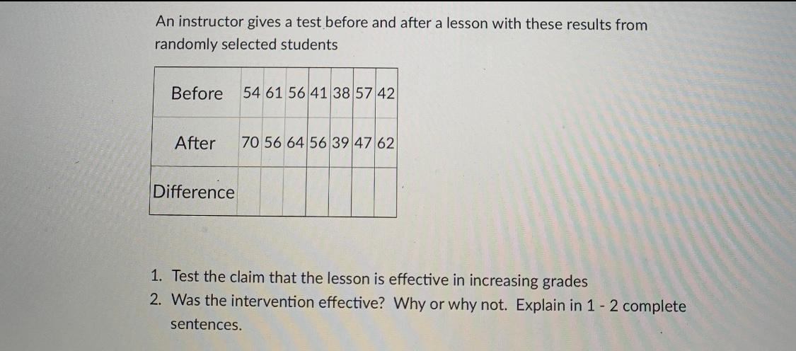 Solved An instructor gives a test before and after a lesson | Chegg.com