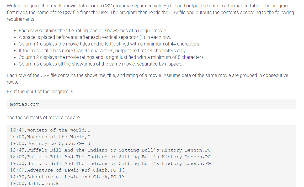 Solved Write A Program That Reads Movie Data From A CSV | Chegg.com