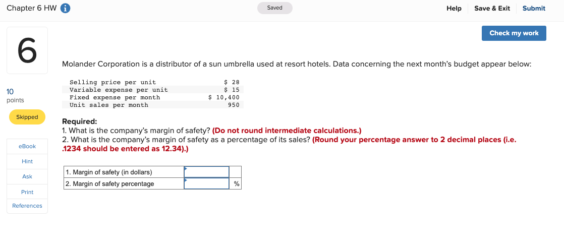 Solved Required 1 What Is The Company S Margin Of Safety Chegg Com   PhpoOhbON