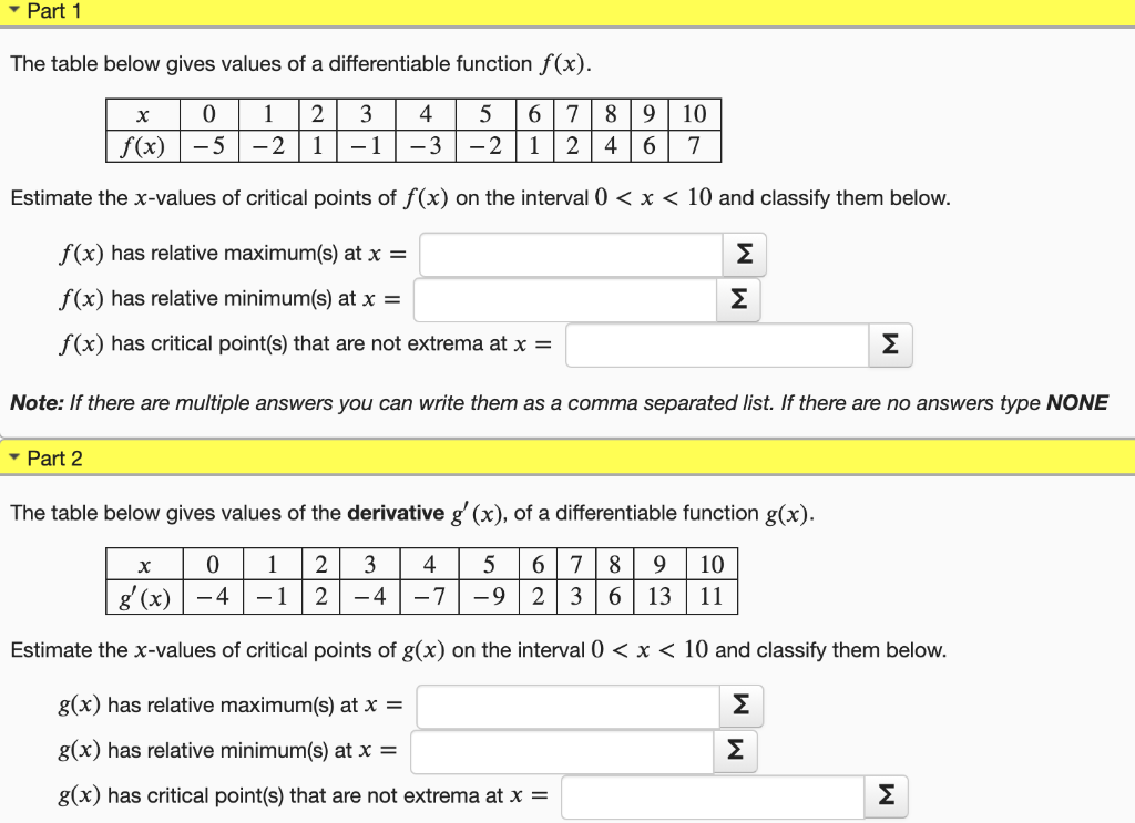 Solved Part 1 The table below gives values of a | Chegg.com