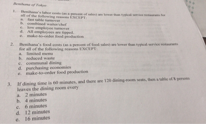 Benihana Of Tokyo 1 Benihana s Labor Costs as A Chegg