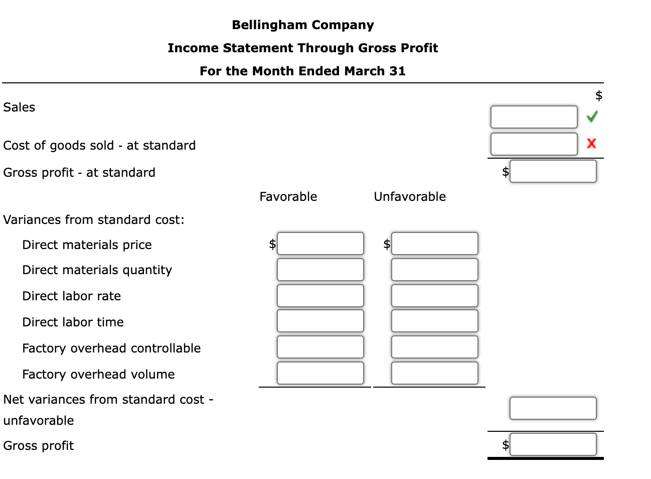 Solved Income statement with variances Bellingham Company | Chegg.com