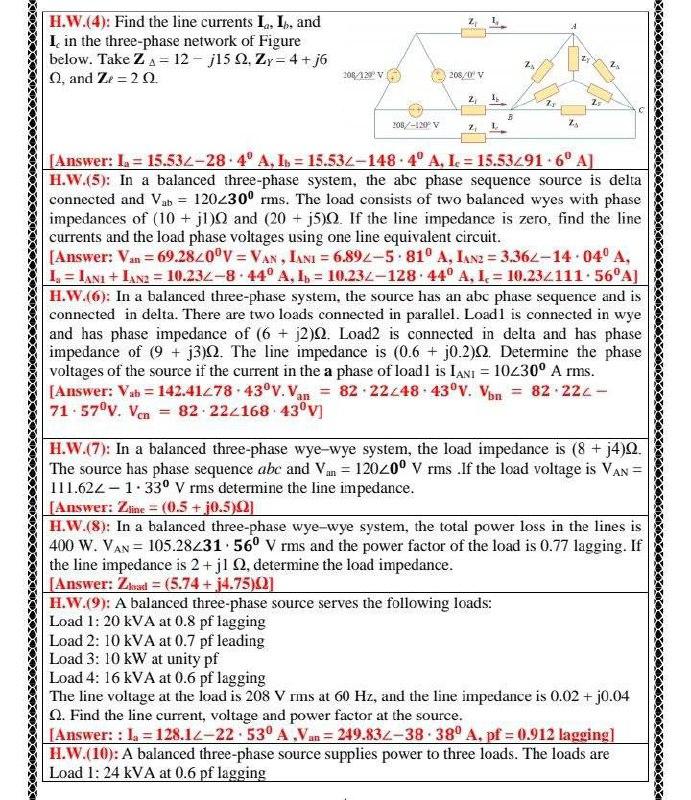 Solved 2 H.W.(4): Find the line currents I. I. and I in the | Chegg.com