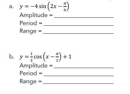 Math Period Range Solved a. y=-4 sin (2x - 3) Amplitude = Period = Range = b. | Chegg.com
