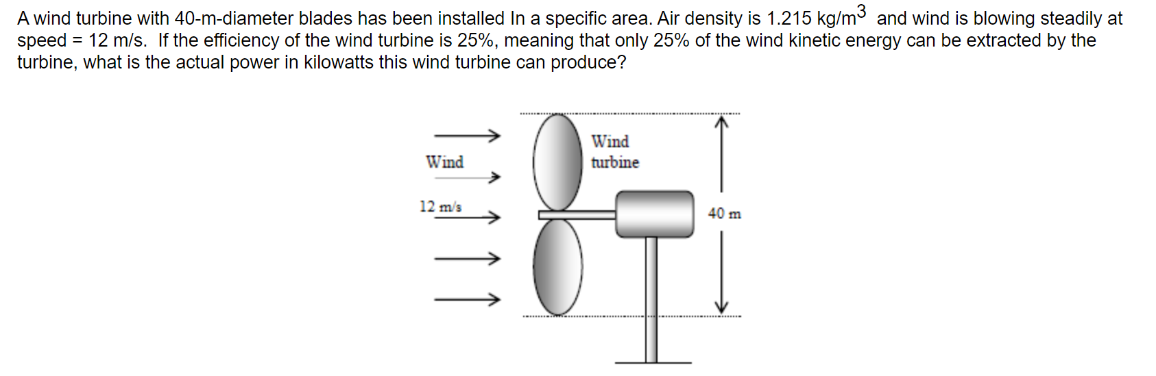 Solved A wind turbine with 40−m-diameter blades has been | Chegg.com