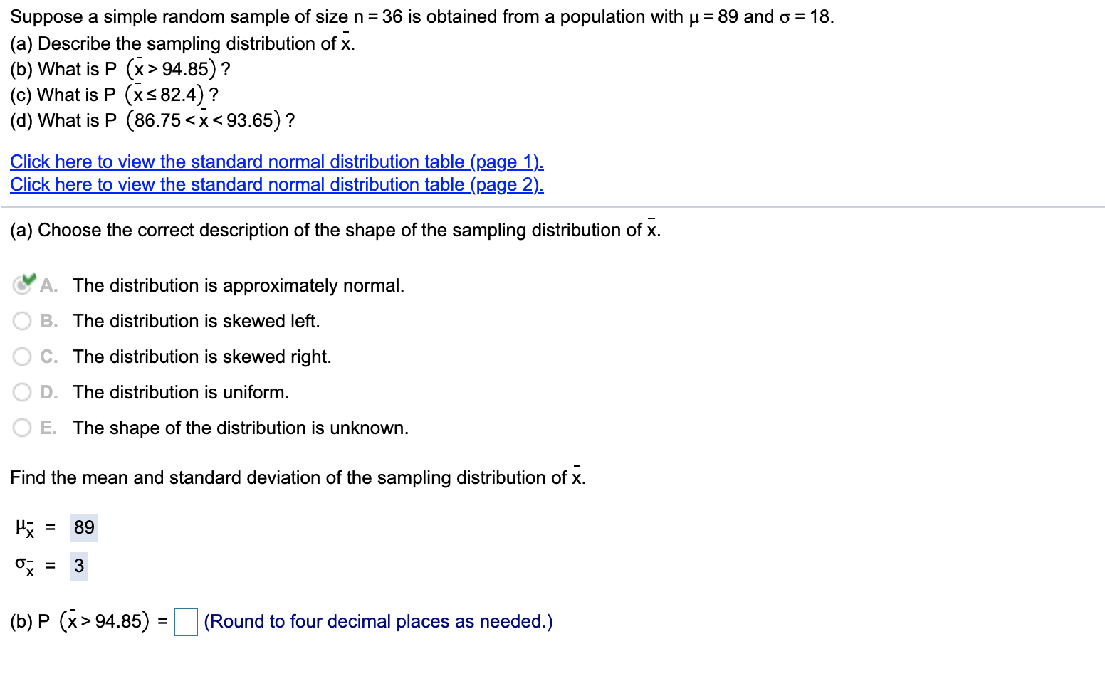 Solved Suppose A Simple Random Sample Of Size N 36 Is Ob Chegg Com