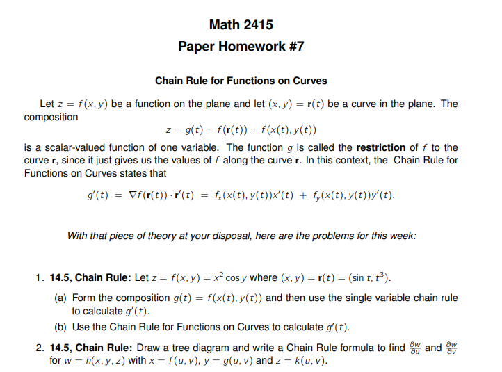 Solved Math 2415 Paper Homework #7 Chain Rule for Functions | Chegg.com