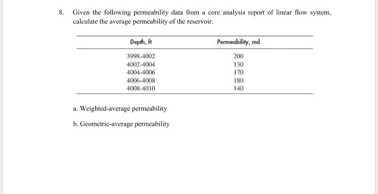 Solved 8. Given the following permeability data from a core | Chegg.com