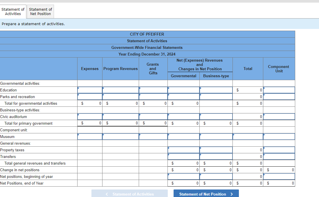 \r\nStatement of Activities Statement of Net Position | Chegg.com