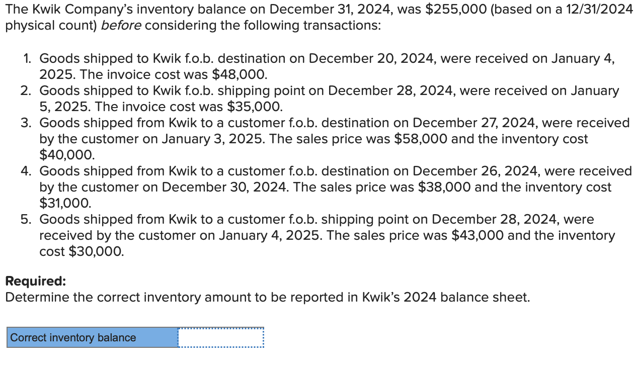 Solved The Kwik Company’s inventory balance on December 31,