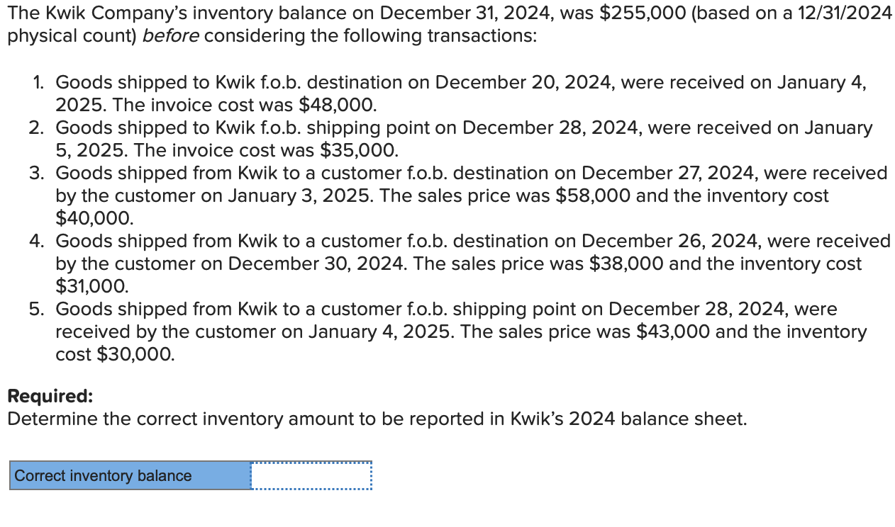 Solved The Kwik Company’s Inventory Balance On December 31, | Chegg.com