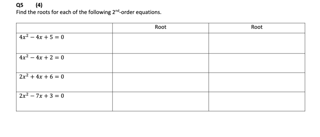 Solved Q5 (4) Find the roots for each of the following 2nd | Chegg.com