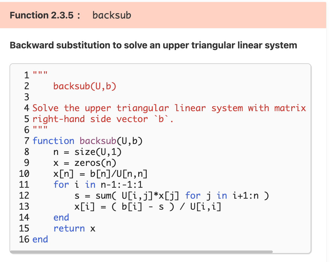 Backward substitution to solve an upper triangular linear system