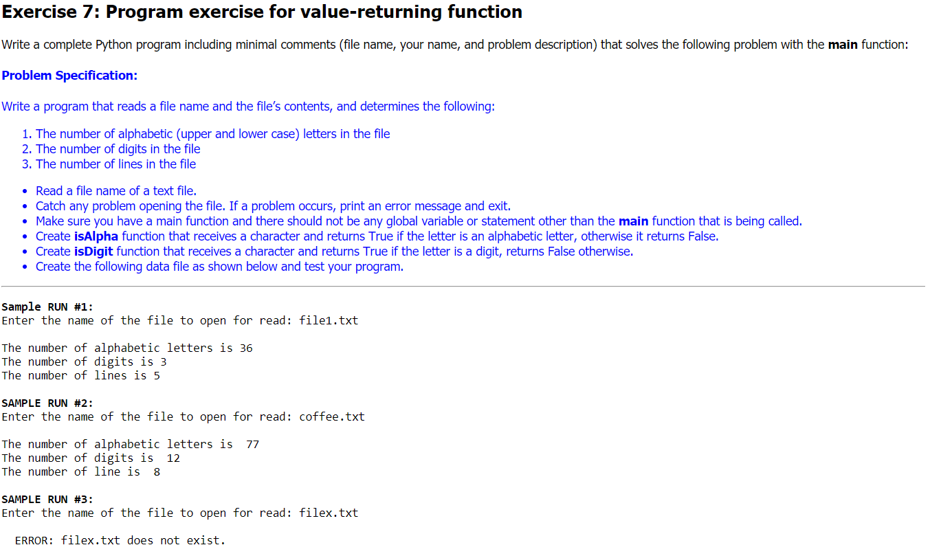 Exercise 7: Program exercise for value-returning | Chegg.com