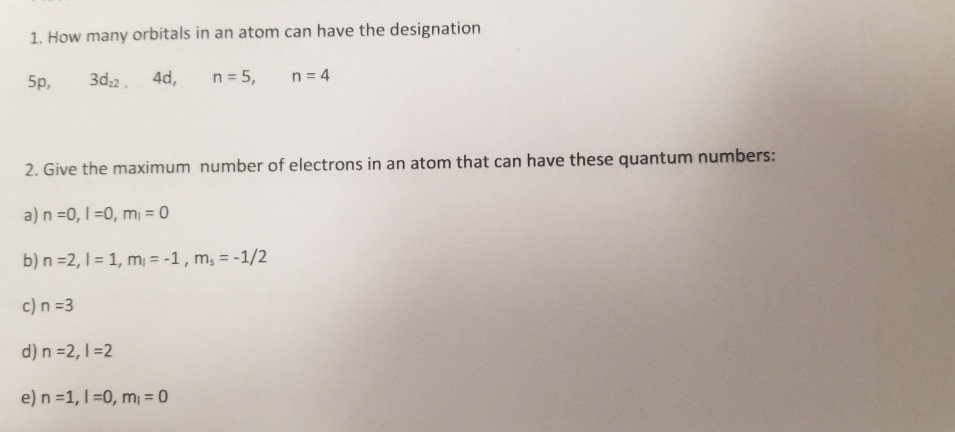 Solved 1. How many orbitals in an atom can have the | Chegg.com