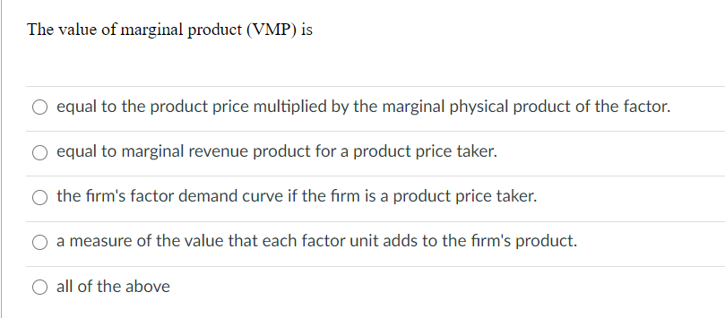 Solved The value of marginal product (VMP) is O equal to the | Chegg.com