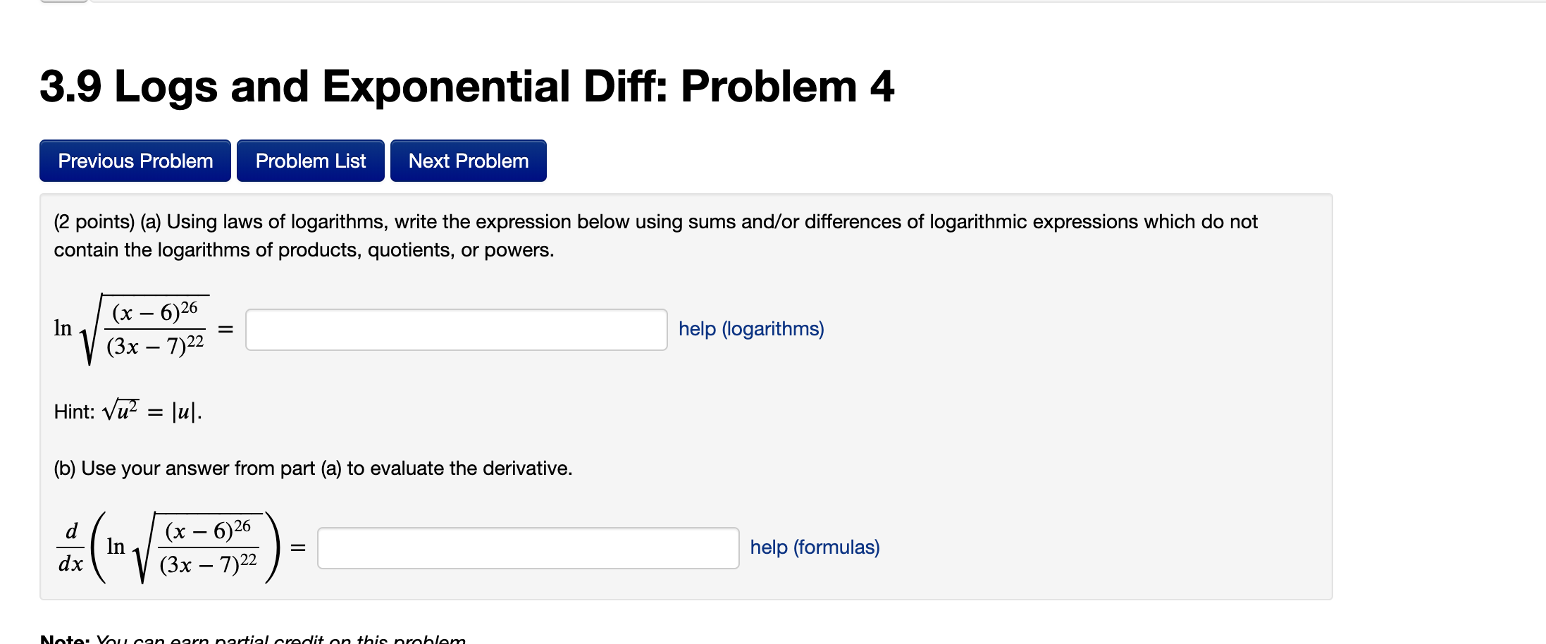 Solved 3.9 Logs and Exponential Diff: Problem 4 Previous | Chegg.com