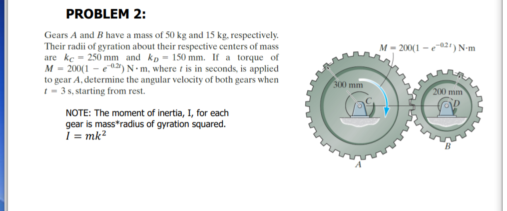 Solved PROBLEM 2: M = 200(1 – e-0.21) N.m Gears A and B have | Chegg.com