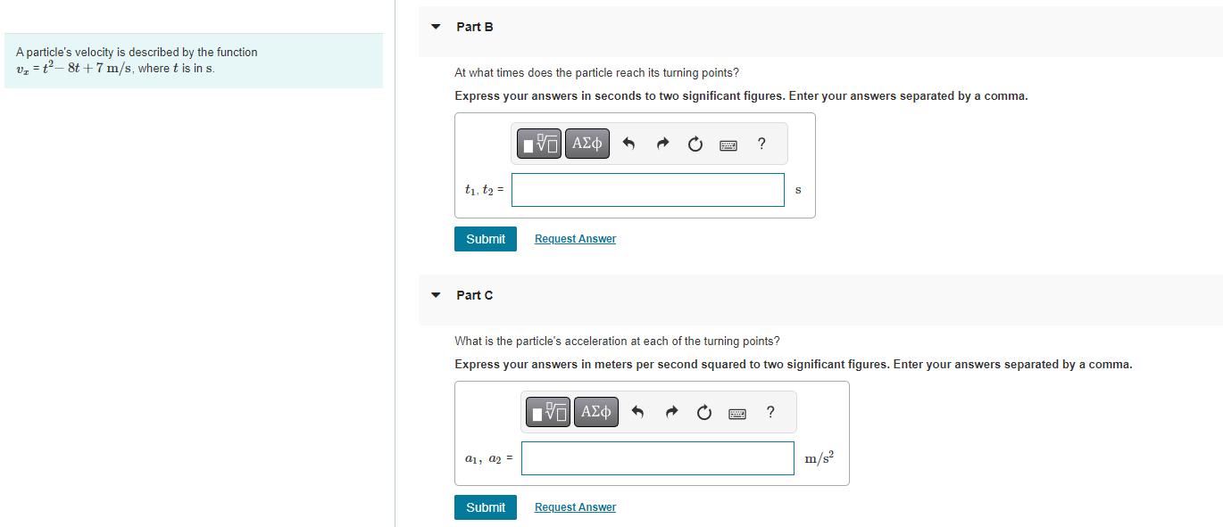 Solved A particle's velocity is described by the function | Chegg.com