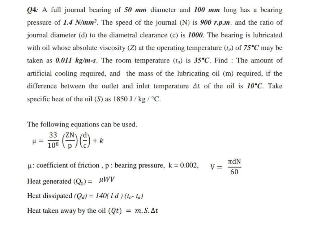 Solved 04: A Full Journal Bearing Of 50 Mm Diameter And 100 | Chegg.com