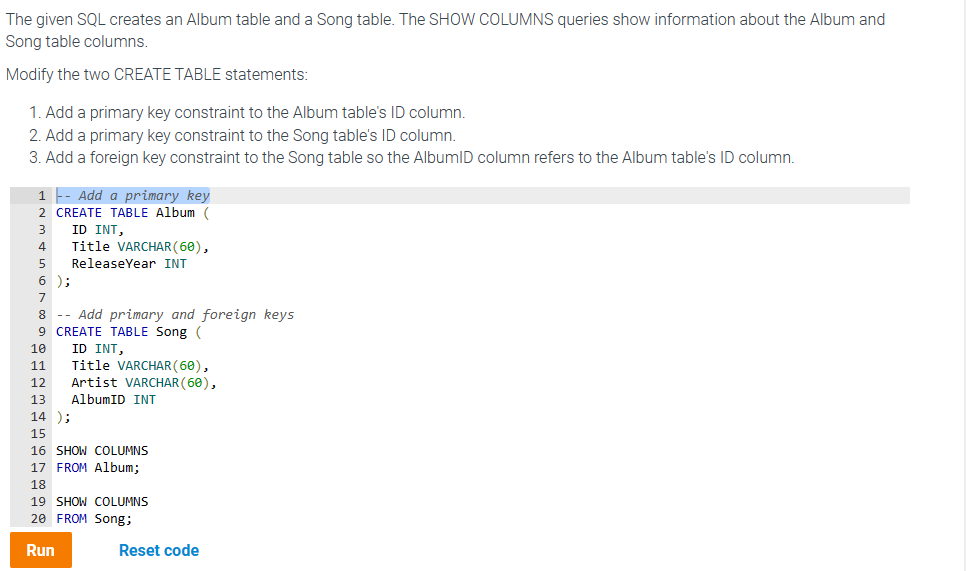 Solved The given SQL creates an Album table and a Song | Chegg.com