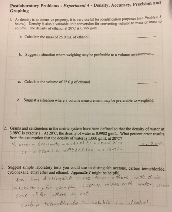 Solved Postlaboratory Problems-Experiment 4 - Density, Ac | Chegg.com