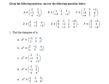 Solved Given The Following Matrices, Answer The Following | Chegg.com