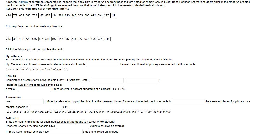 Solved A random sample of enrollments from medical schools