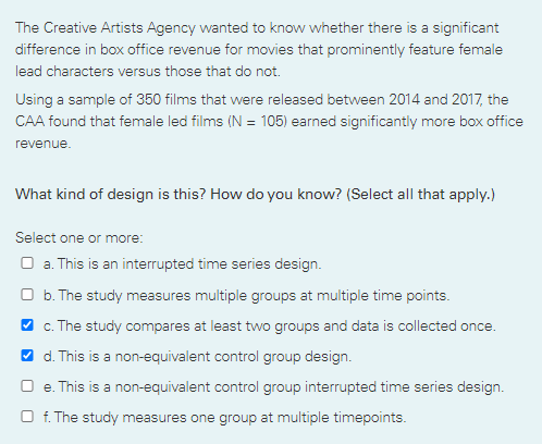 Solved The Creative Artists Agency wanted to know whether | Chegg.com