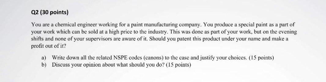 Solved Q2 (30 points) You are a chemical engineer working | Chegg.com