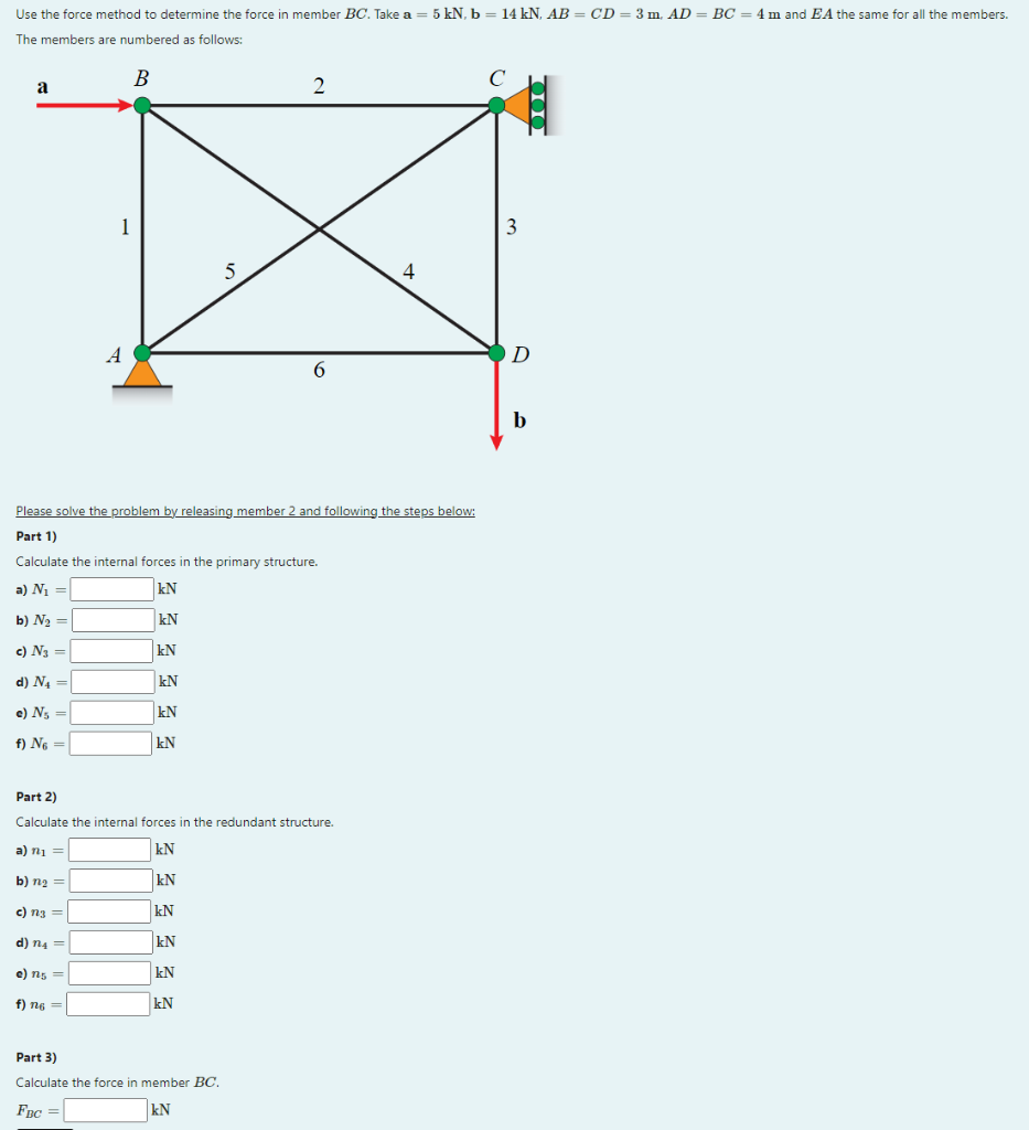 Use the force method to determine the force in member \( B C \). Take \( \mathbf{a}=5 \mathrm{kN}, \mathbf{b}=14 \mathrm{kN},