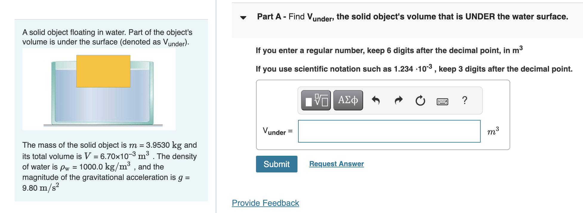 Solved A solid object floating in water. Part of the | Chegg.com