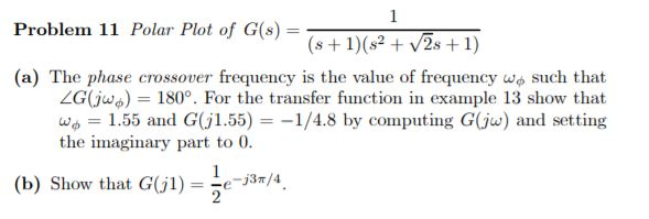 Solved Problem 11 Polar Plot Of G 8 7 S 1 2 V2s Chegg Com