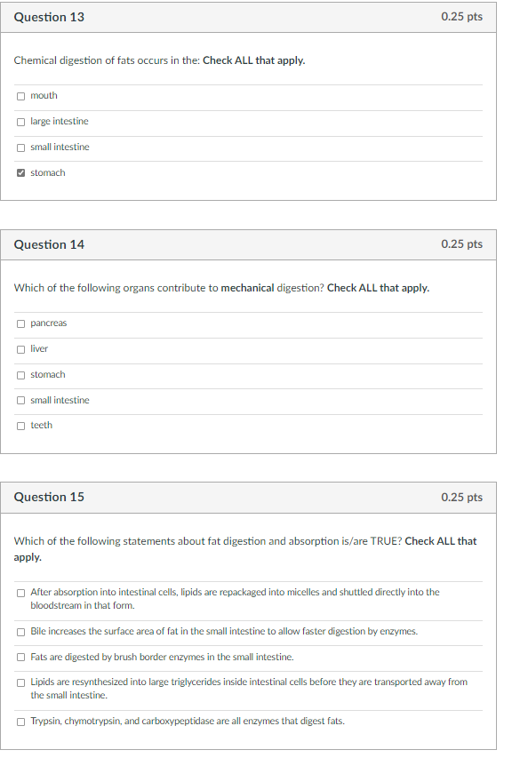 Solved Question 13 0.25 pts Chemical digestion of fats | Chegg.com