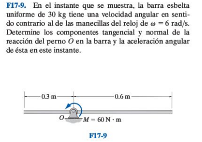 F17-9. En el instante que se muestra, la barra esbelta uniforme de \( 30 \mathrm{~kg} \) tiene una velocidad angular en senti