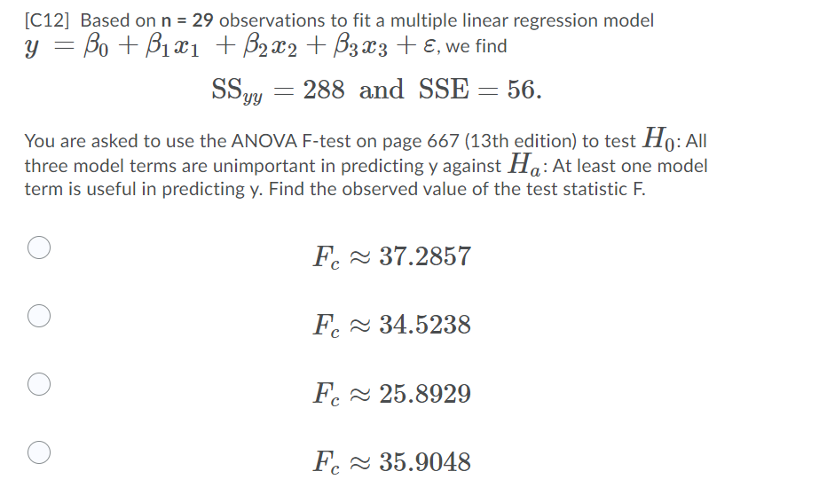 Solved [C12] Based on n = 29 observations to fit a multiple | Chegg.com