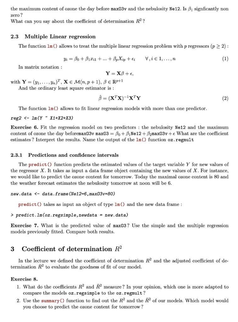 1 Part I: Exercises The simple linear regression | Chegg.com