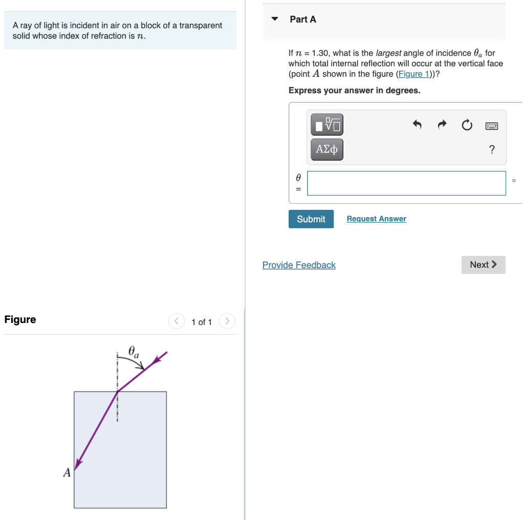 Solved Part A A ray of light is incident in air on a block | Chegg.com