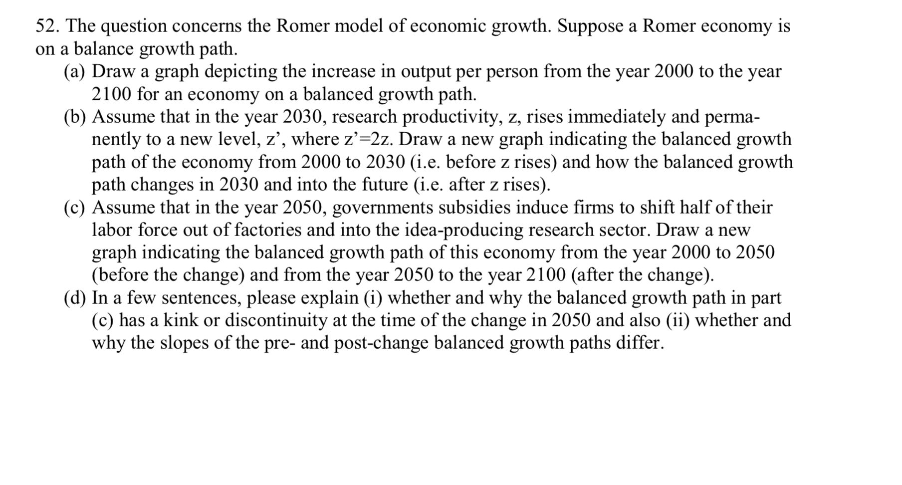 Solved 52. The question concerns the Romer model of economic | Chegg.com