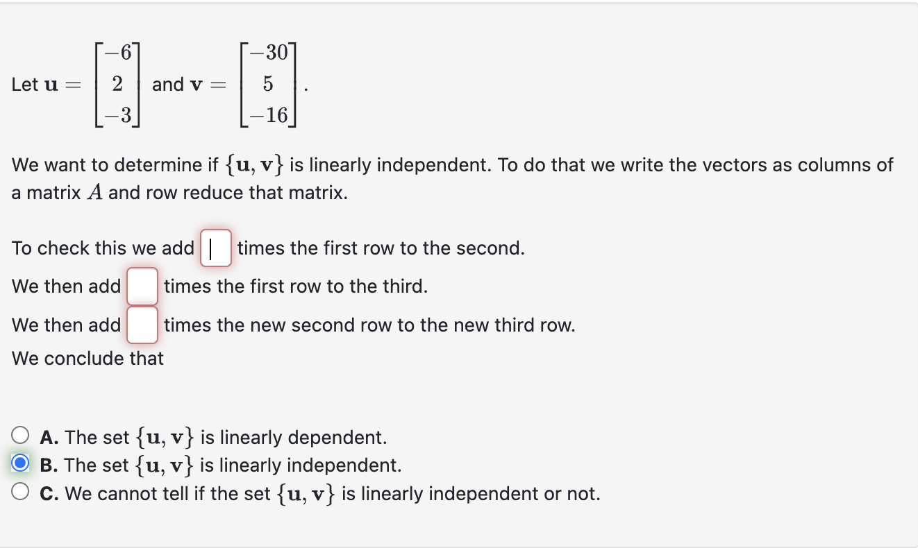Let u=[623] ﻿and v=[30516].We ﻿want to ﻿determine