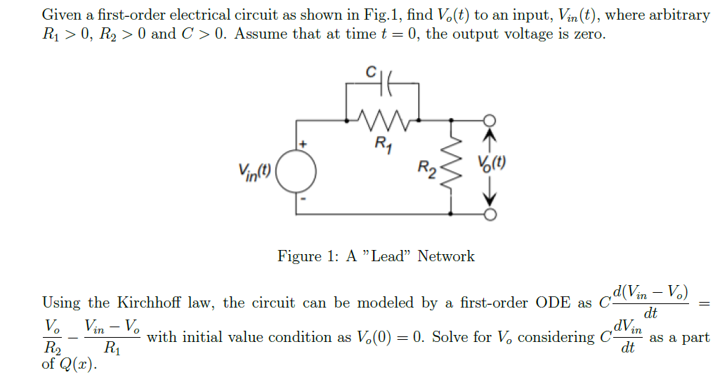 Solved Given a first-order electrical circuit as shown in | Chegg.com